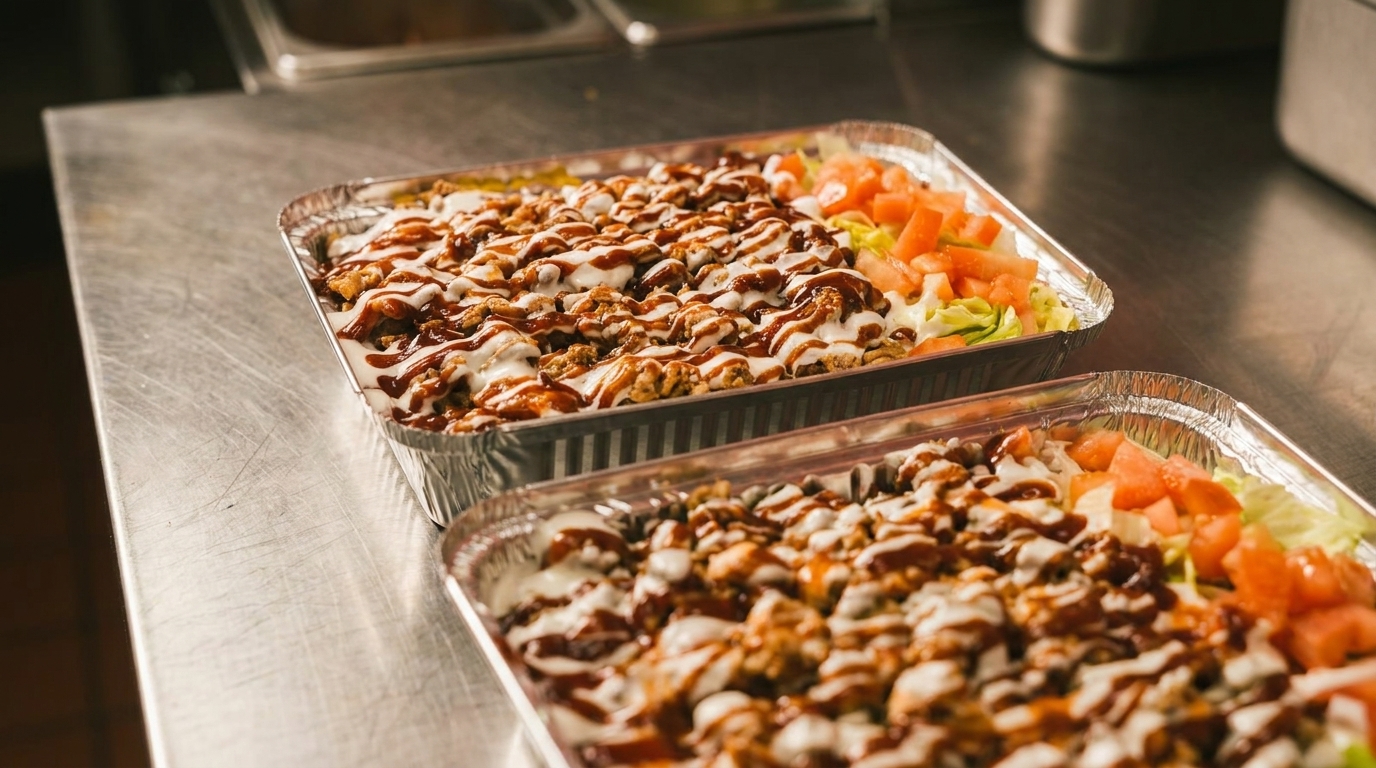Two foil containers of chicken and rice, topped with white and brown sauces, lettuce, and tomatoes.