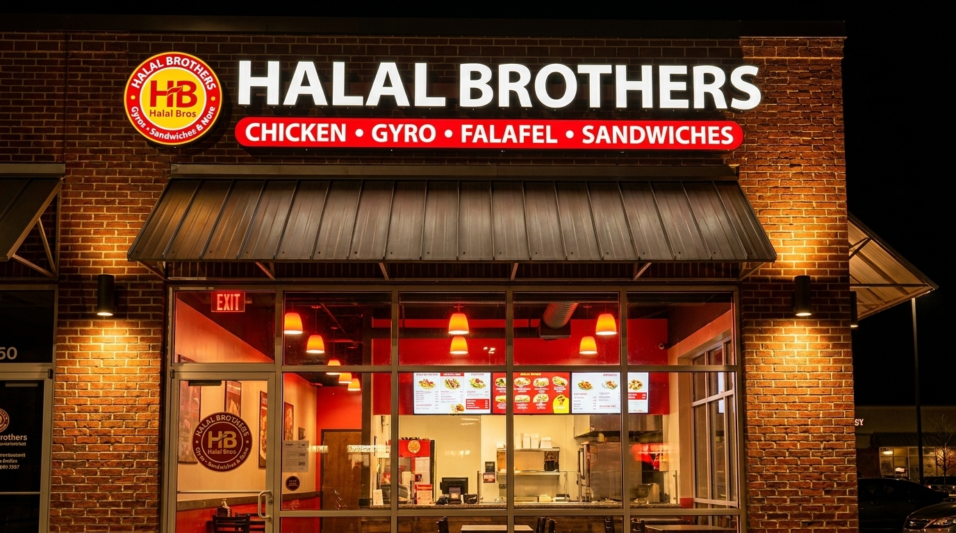 The brightly lit exterior of a Halal Brothers restaurant at night, showcasing its menu and interior.