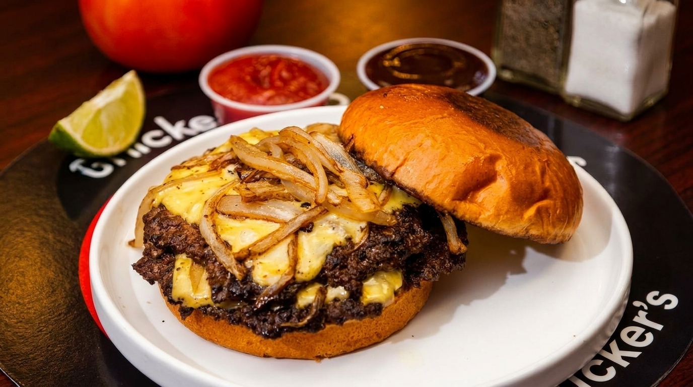 A double smash burger with melted cheese and caramelized onions on a white plate.