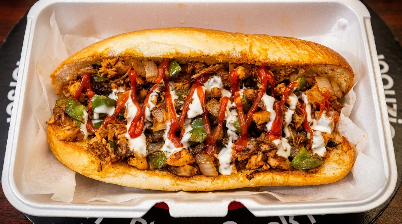 Chicken shawarma sub sandwich with green peppers, onions, white sauce, and ketchup in a styrofoam container.