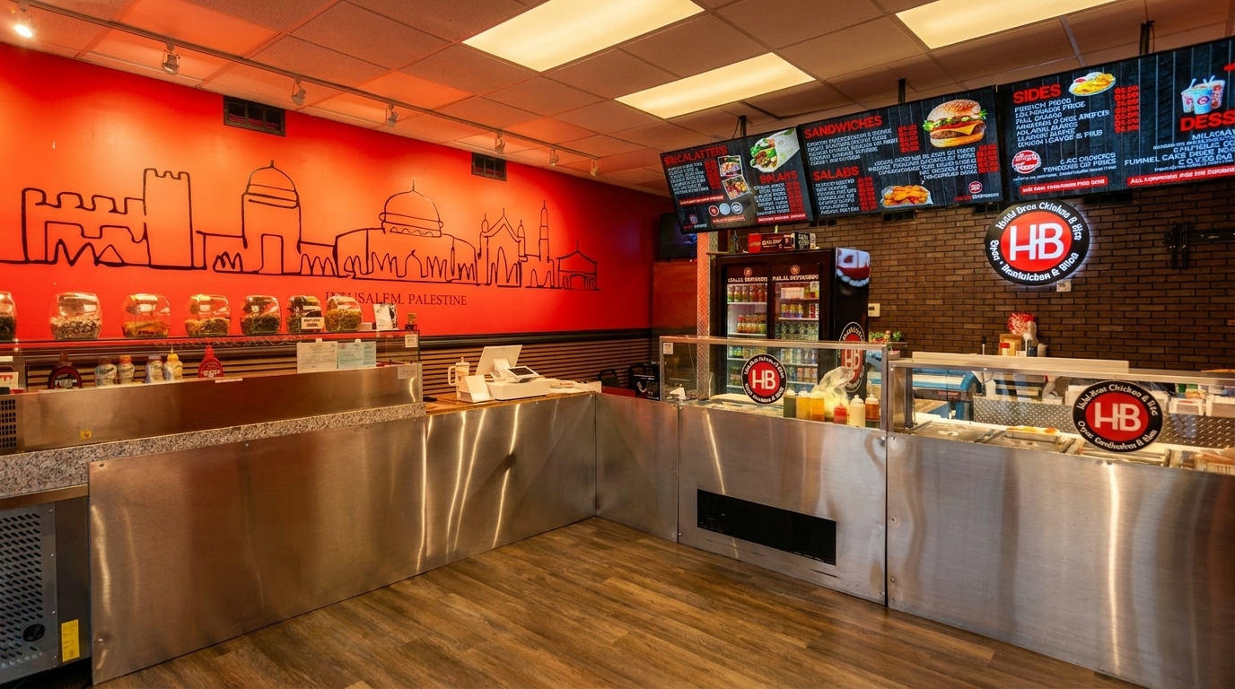 Interior of a restaurant with a red wall featuring a Jerusalem skyline mural, stainless steel counters, and menu boards.