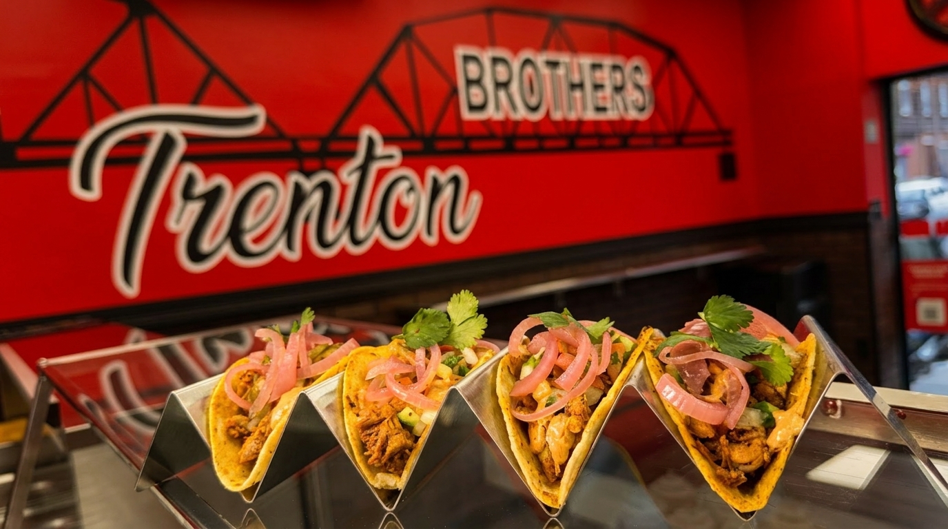 Four tacos with meat, pickled onions, and cilantro in a metal holder, with a red "Trenton Brothers" sign.
