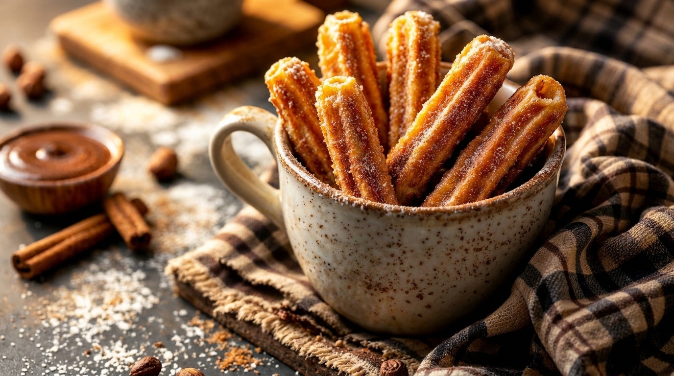 Golden churros dusted with sugar in a rustic mug, with chocolate dip and cinnamon sticks.