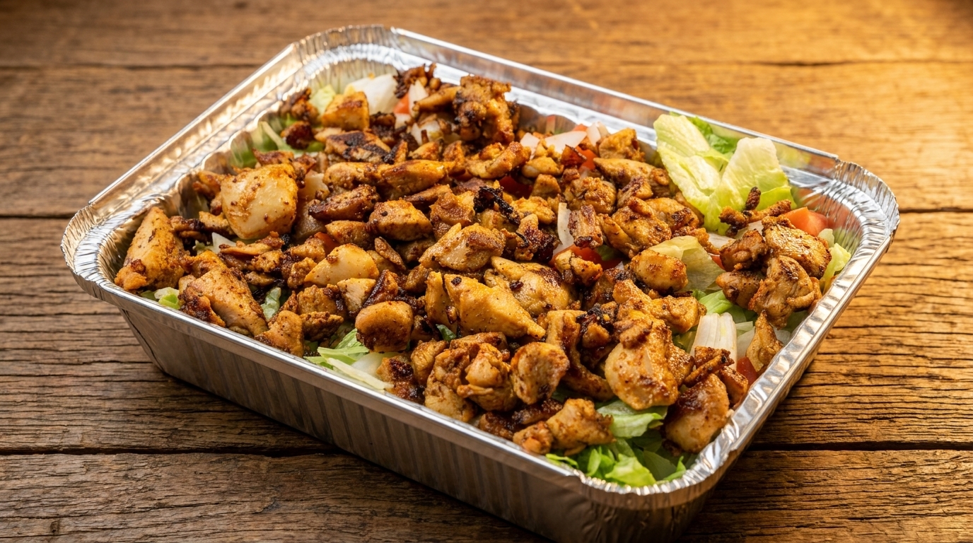 A foil takeout container filled with grilled chicken, lettuce, and diced tomatoes on a wooden table.