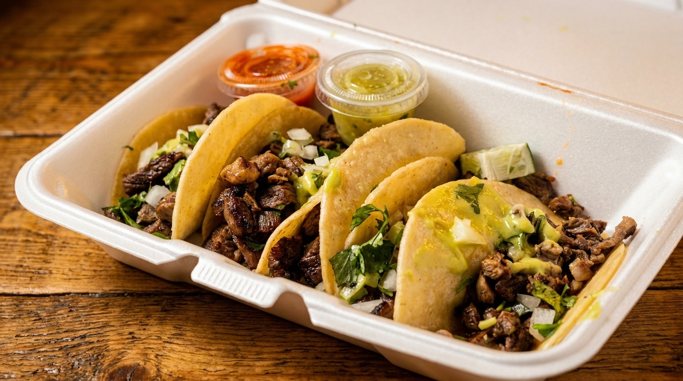 Four beef tacos with cilantro, onions, and sauce in a white takeout container on a wooden table.