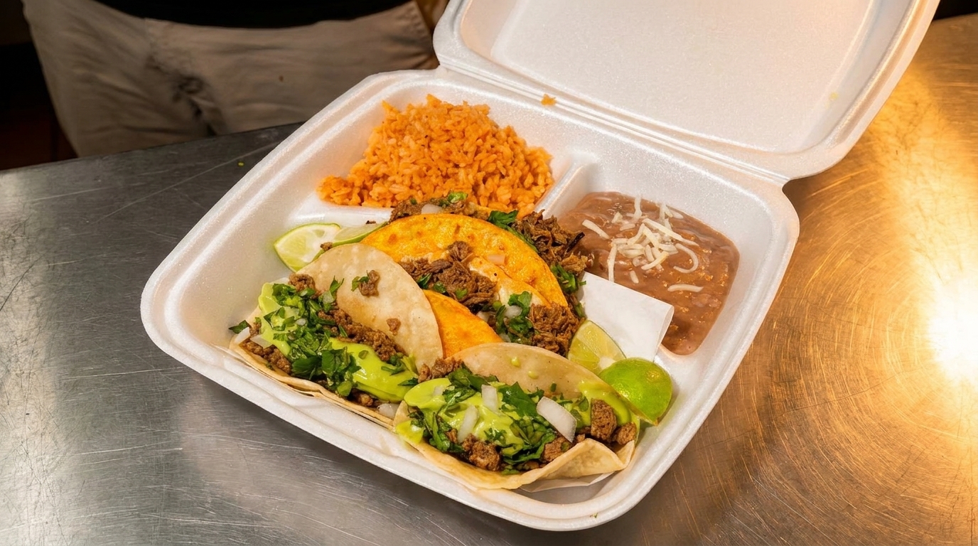 A takeout container with four tacos, rice, and refried beans with cheese, on a metal counter.