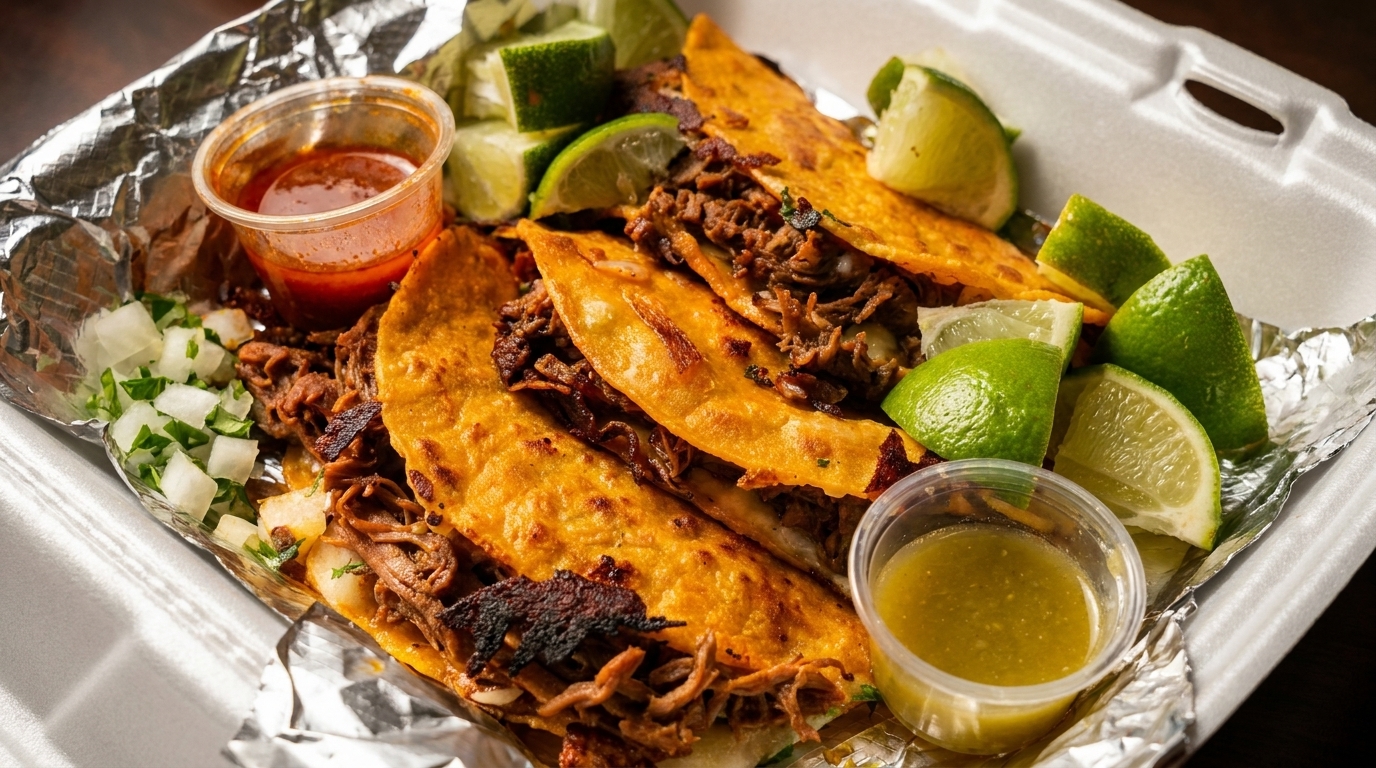 Birria tacos with lime wedges, diced onions, cilantro, and two dipping sauces in a takeout container.