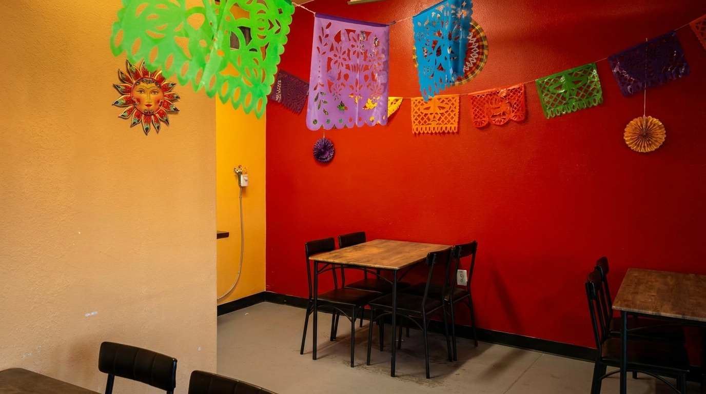 Restaurant interior with red and yellow walls, colorful papel picado, and simple tables with black chairs.