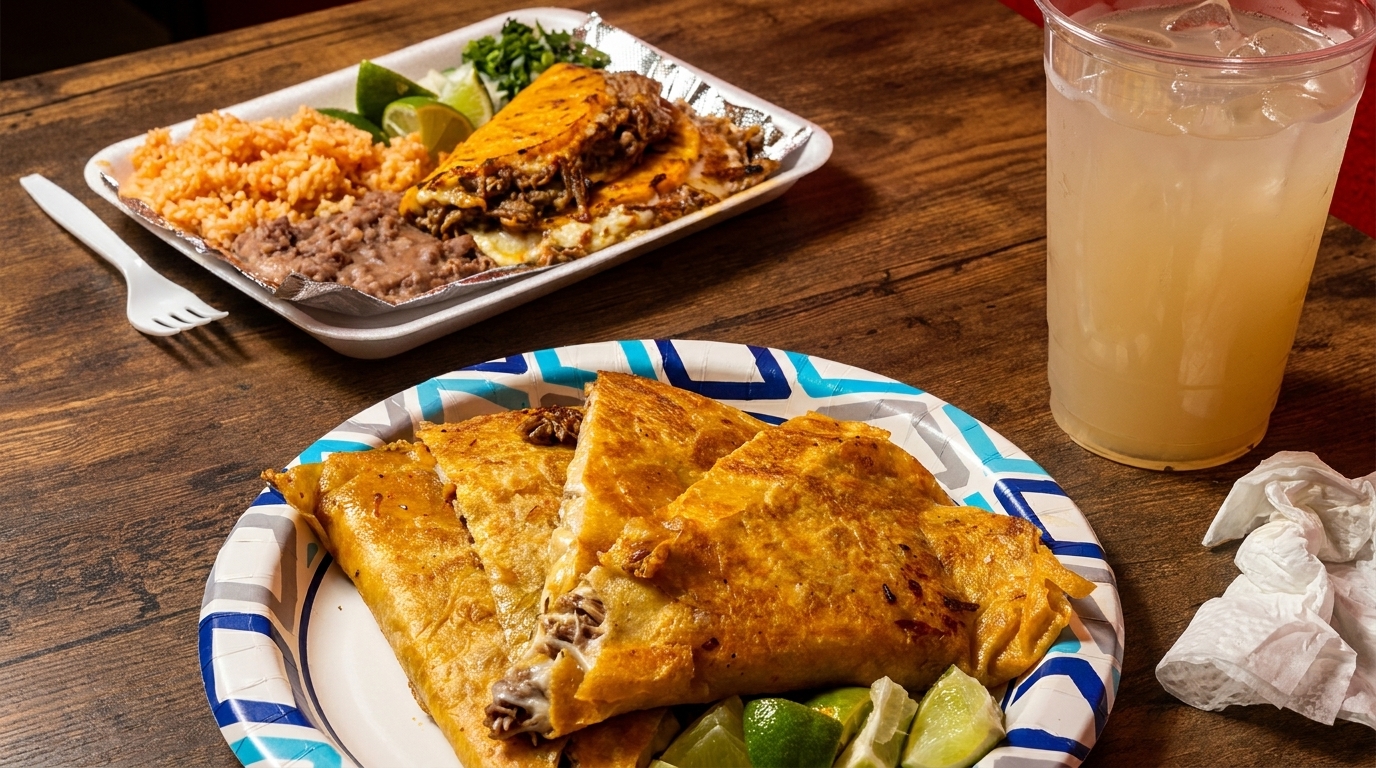 Two plates of Mexican food, including tacos, rice, beans, and quesadillas, with a drink.