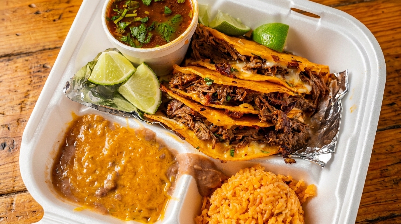 Birria tacos with consommé, refried beans, rice, and lime wedges in a to-go container.