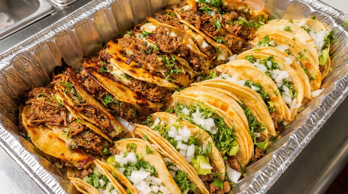 A foil tray filled with two rows of tacos, some with cheese and meat, others with onion and cilantro.