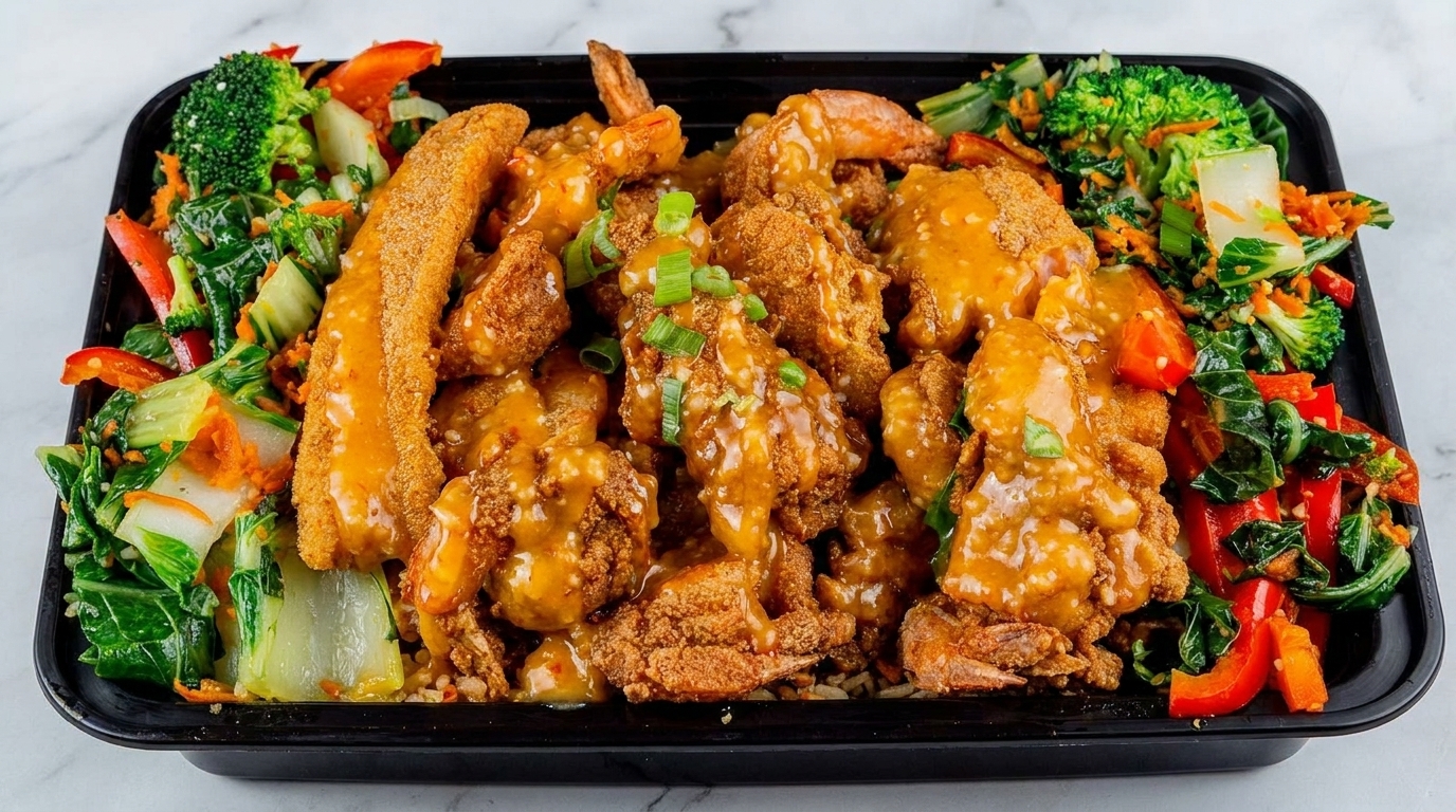 Fried shrimp and fish with orange sauce, green onions, and mixed vegetables in a black container.