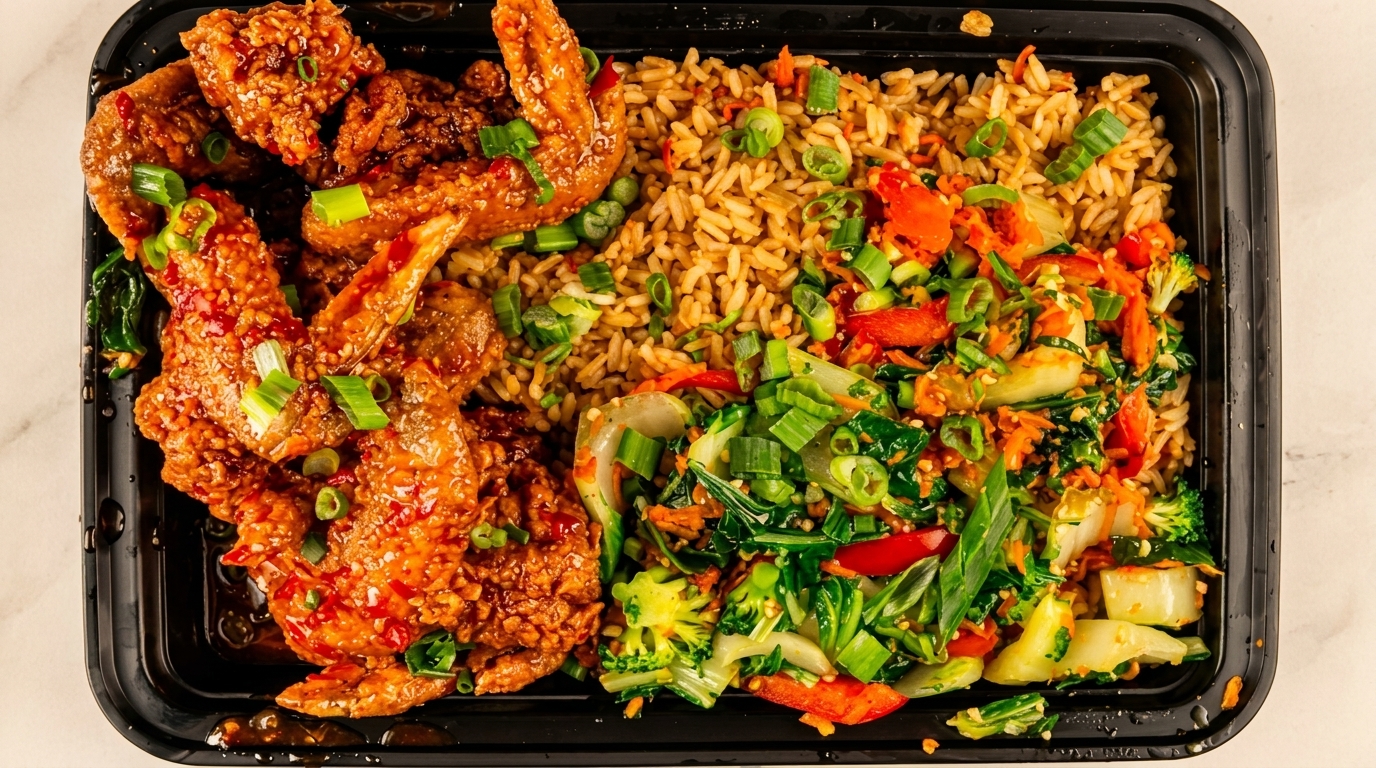 Crispy fried chicken wings with rice and stir-fried vegetables in a black takeout container.