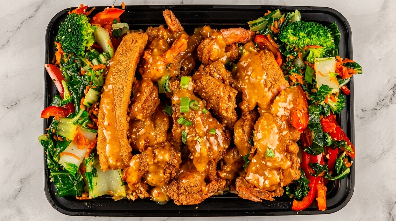 A black takeout container filled with fried shrimp, fish, and mixed vegetables with sauce.