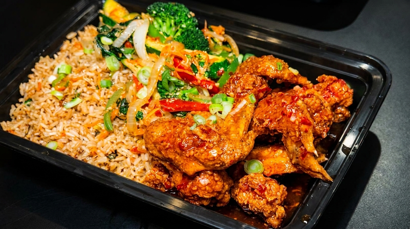 Takeout container with fried rice, stir-fried vegetables, and crispy glazed chicken wings.