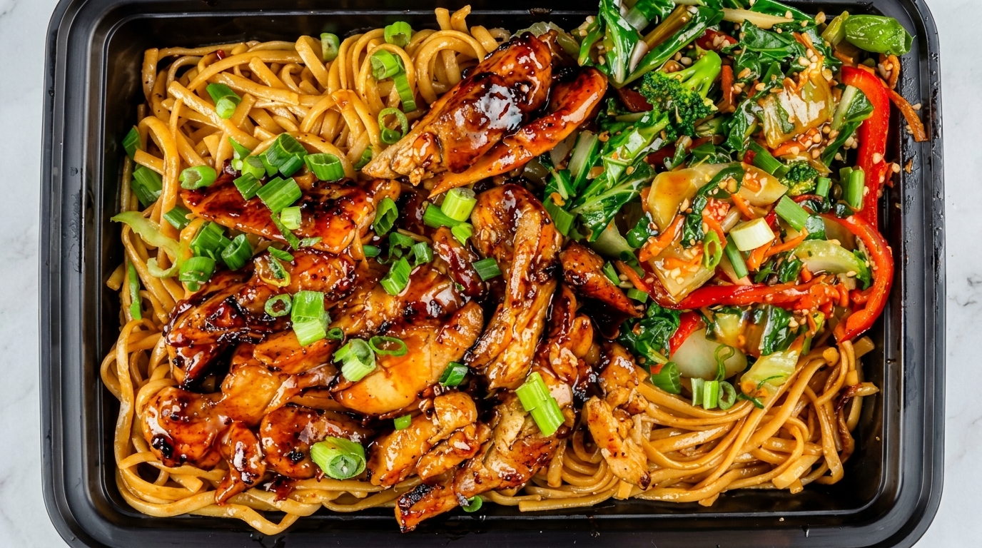 Teriyaki chicken, lo mein noodles, and stir-fried vegetables with red peppers and broccoli in a black container.