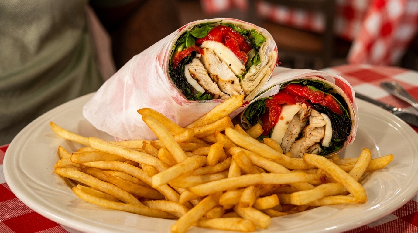 Two grilled chicken wraps with roasted red peppers, mozzarella, and spinach, served with fries.