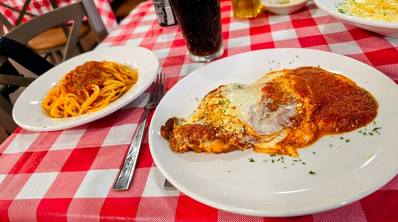 Chicken parmesan and spaghetti with red sauce on a red and white checkered tablecloth.