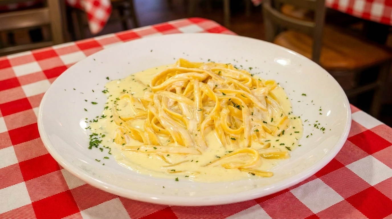 Fettuccine Alfredo pasta with parsley on a white plate, on a red and white checkered tablecloth.