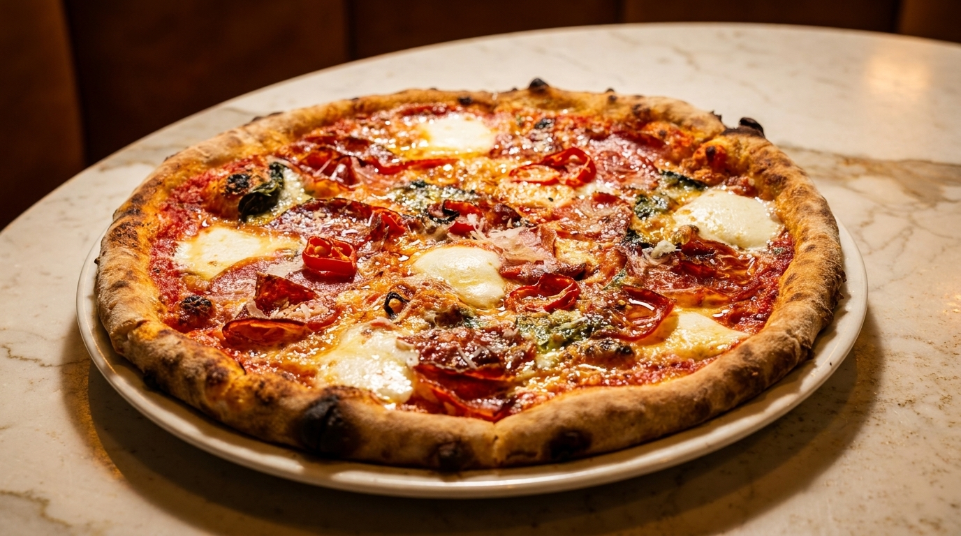 A delicious, freshly baked pizza with pepperoni, cheese, and basil on a white plate.