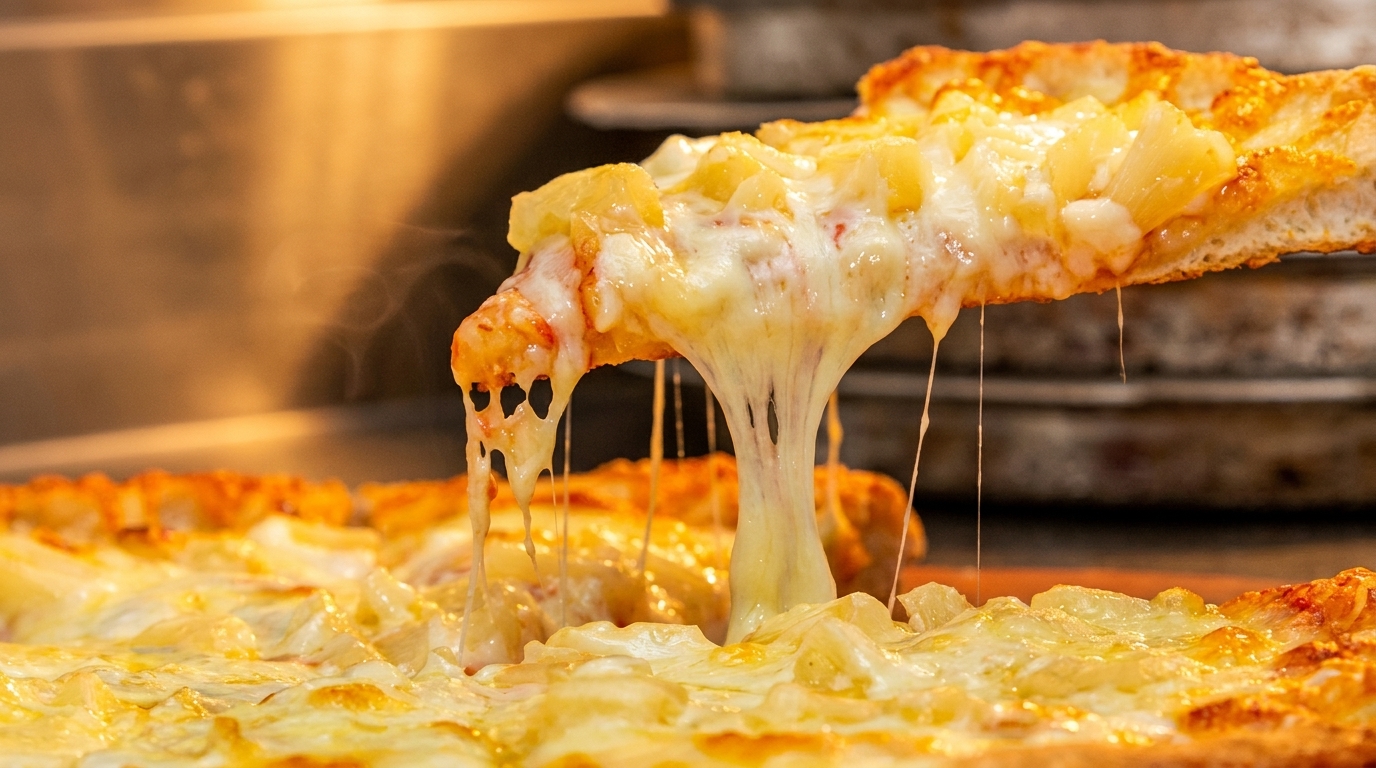 A slice of hot pineapple pizza with melted cheese stretching from the pie.