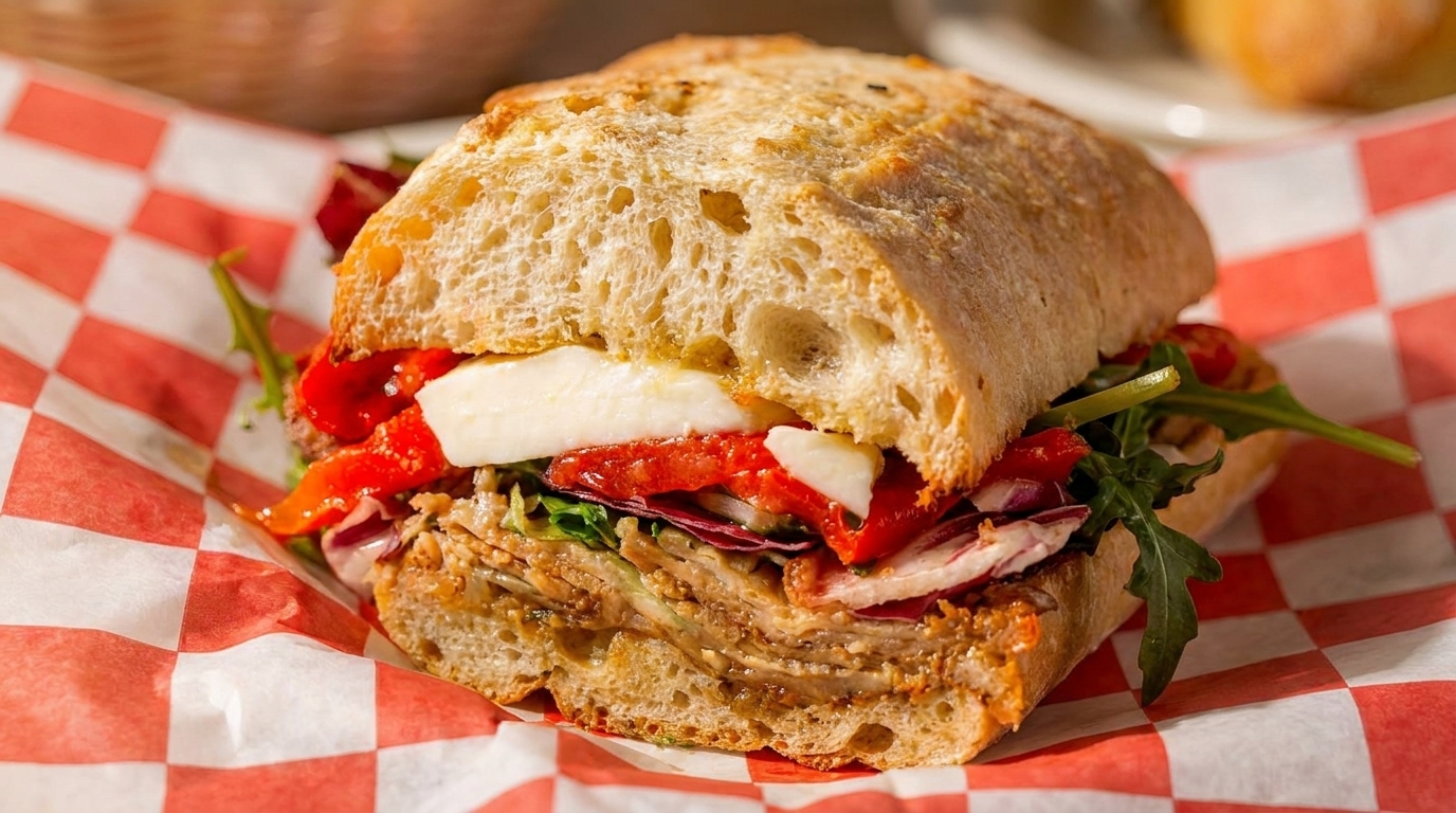 A delicious sandwich with fresh mozzarella, roasted red peppers, and greens on ciabatta bread.
