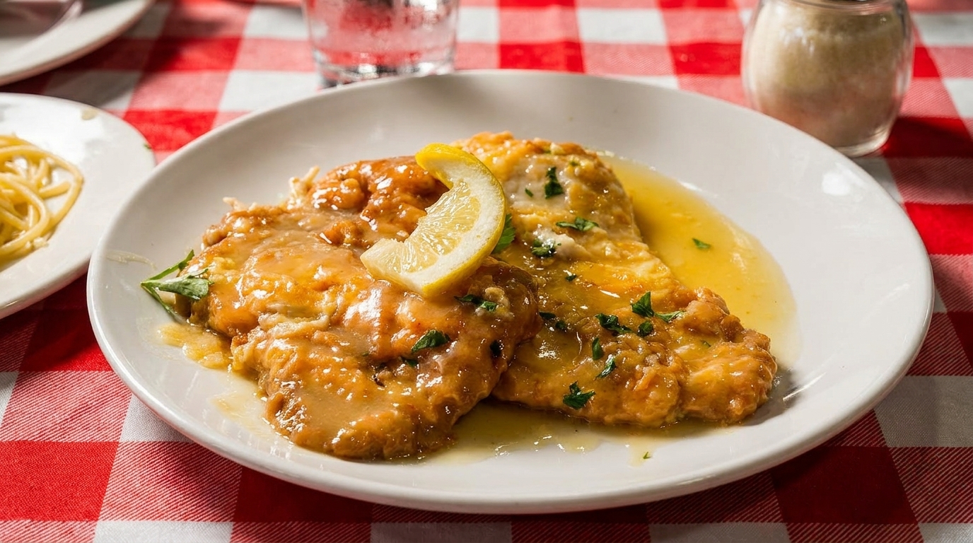 Chicken Francese with lemon and parsley on a white plate, served on a red and white checkered tablecloth.