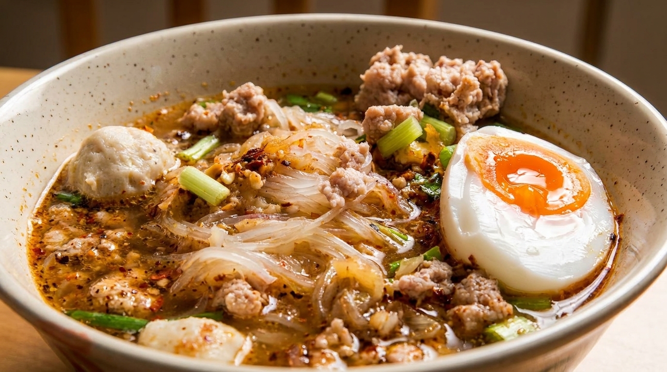 Close-up of a bowl of spicy Thai noodle soup with minced pork, meatballs, and a soft-boiled egg.