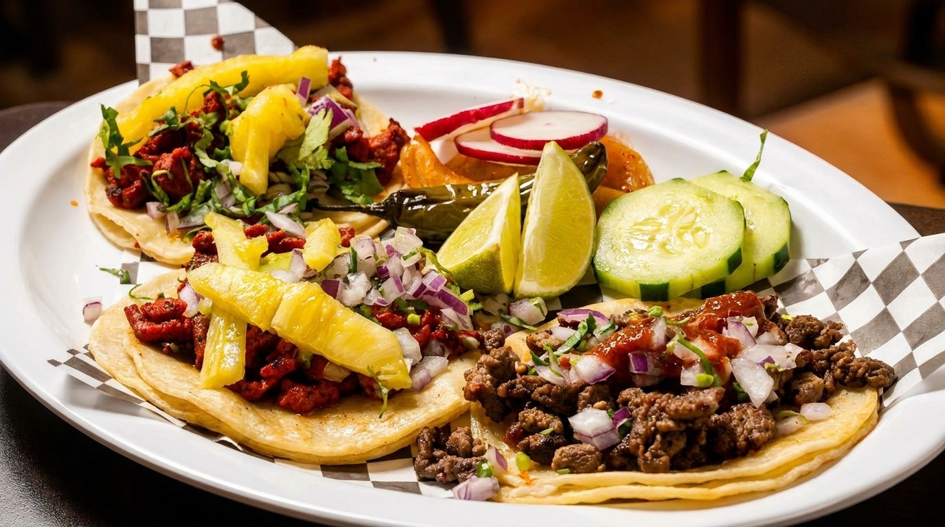 A white plate holds three tacos with various toppings, limes, cucumbers, radishes, and peppers.