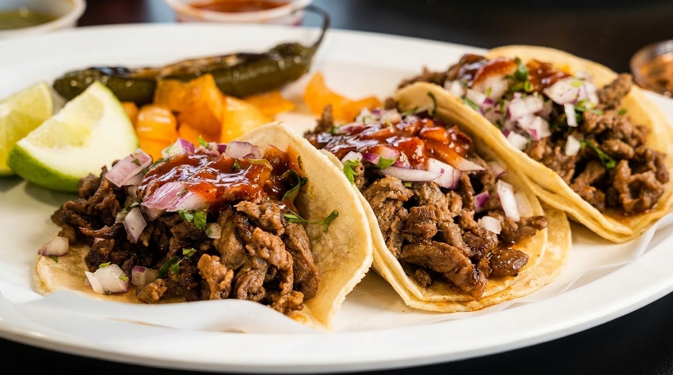 Three street tacos with meat, onions, cilantro, and sauce, served with limes, grilled peppers, and potatoes.