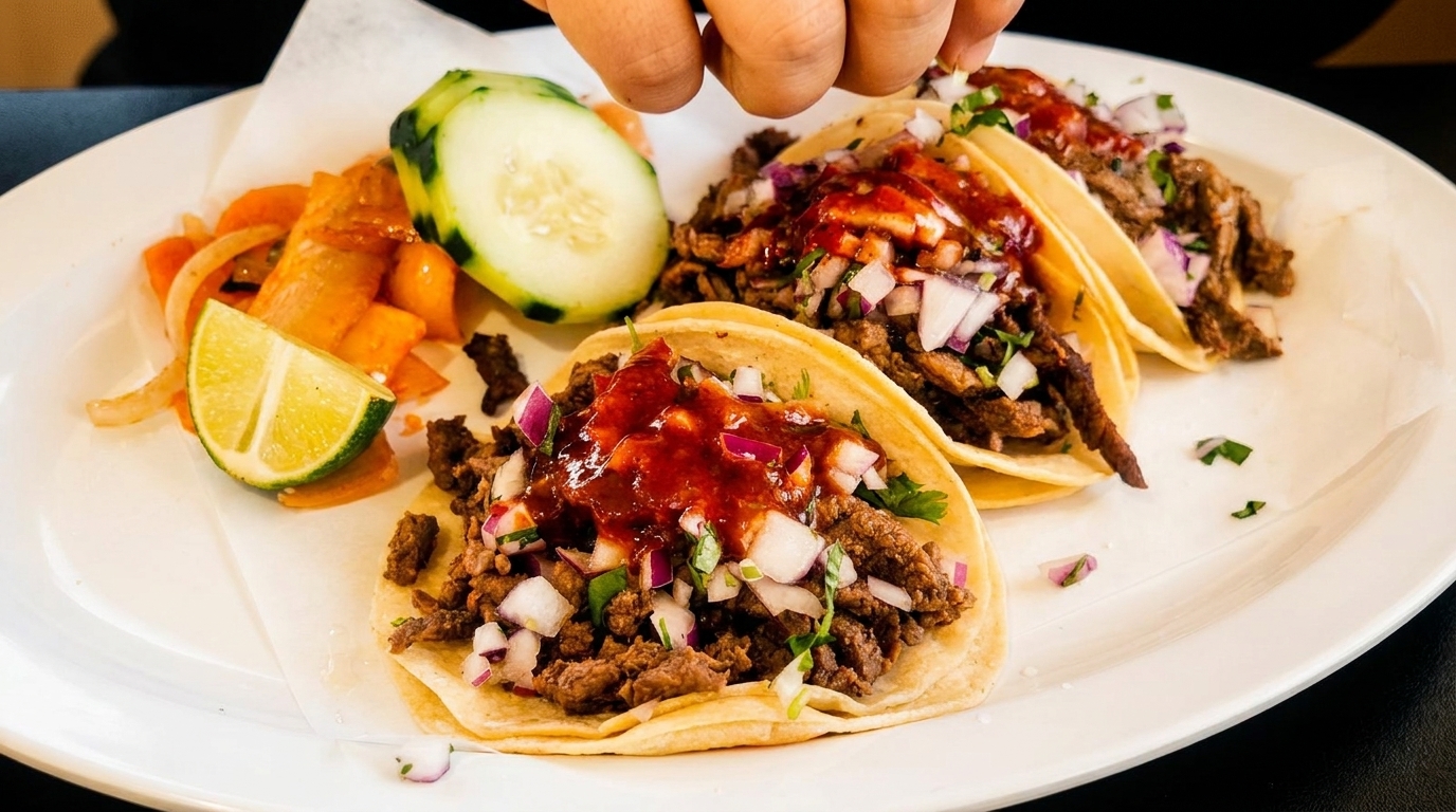 Three beef tacos with red sauce, diced onions, and cilantro, served with pickled vegetables and lime.