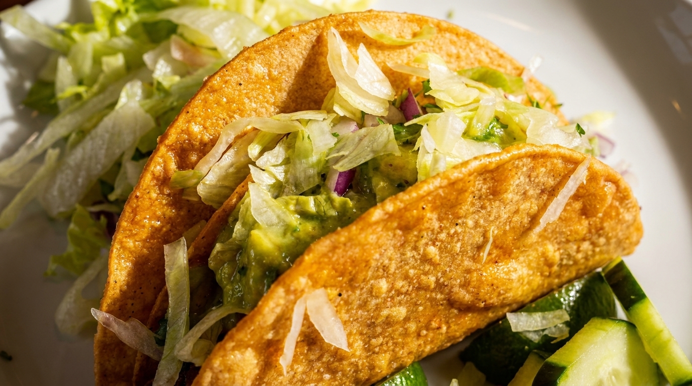 Two crispy tacos filled with guacamole, lettuce, and red onion, served with a side salad.