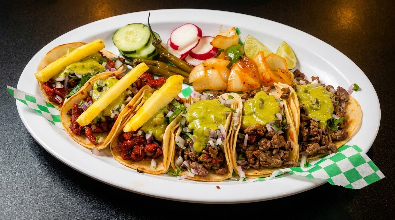 A white plate holds six tacos with various fillings, guacamole, and a side of vegetables.