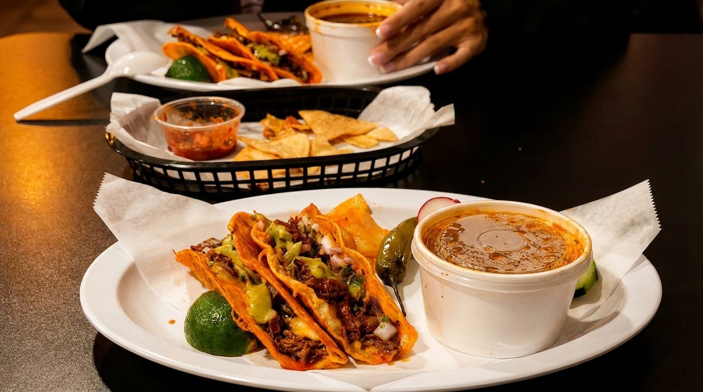 Two plates of birria tacos with consommé, chips, and salsa on a dark table.