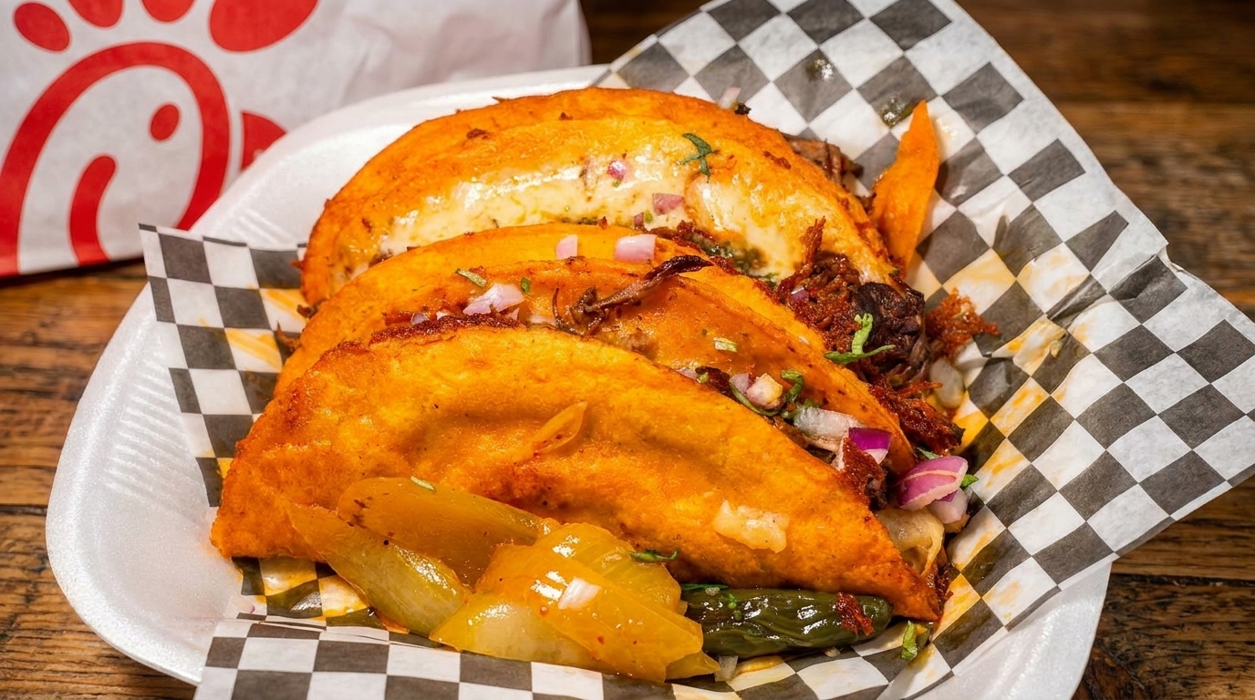 Three golden-fried birria tacos with melted cheese, meat, onions, and cilantro, served with pickled peppers.