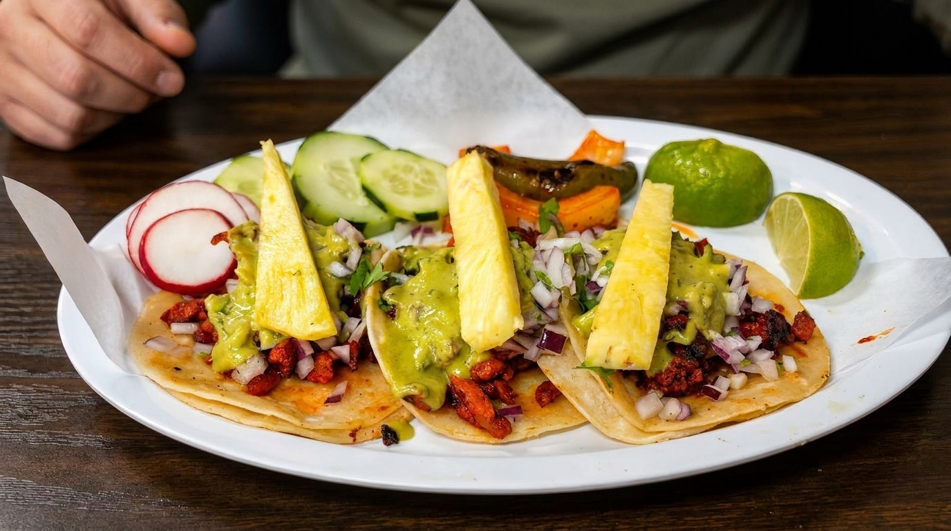 Three al pastor tacos with pineapple, guacamole, and onions, served with radishes, cucumbers, and limes.