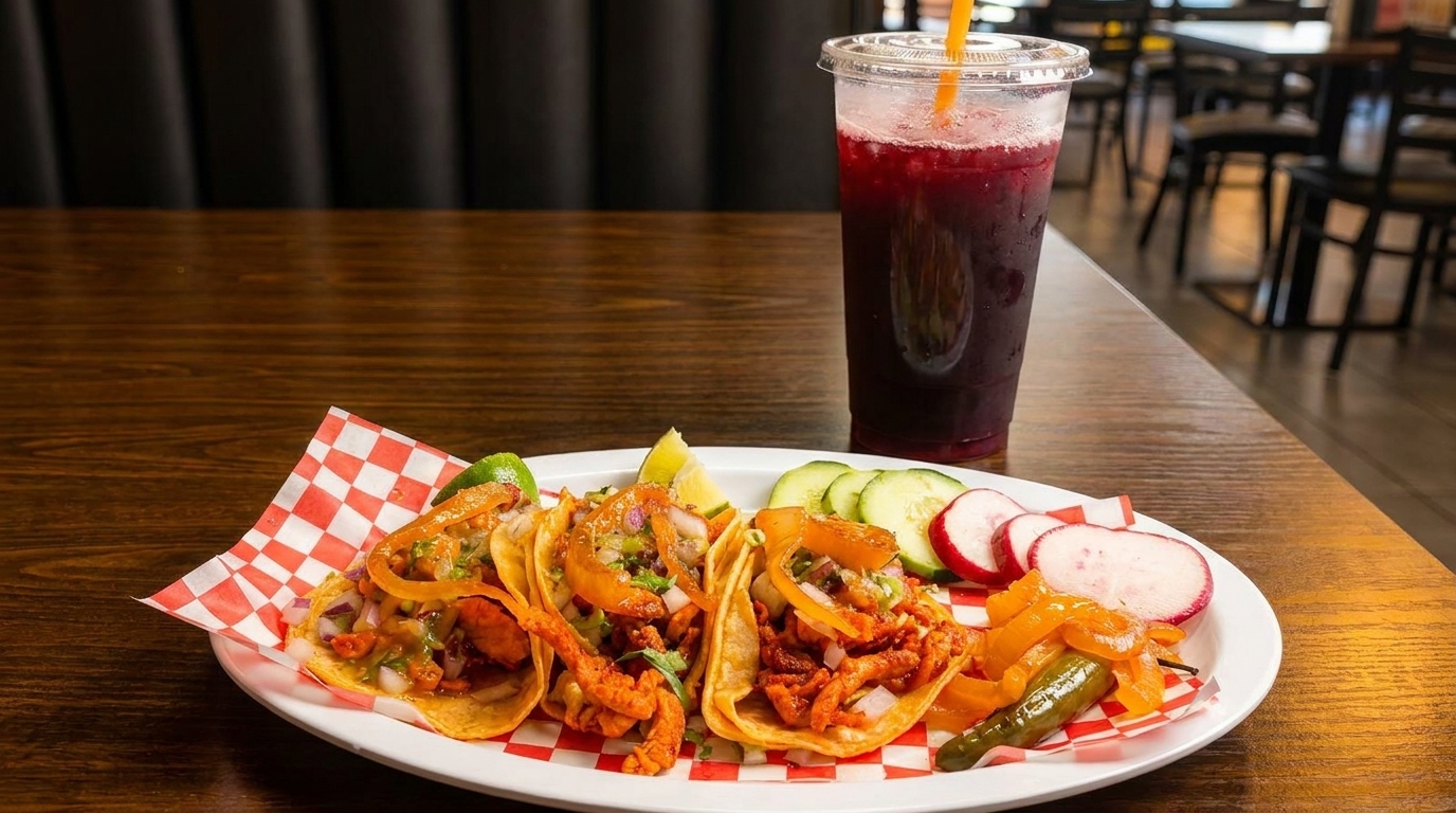 Three tacos with meat, onions, and cilantro, served with a drink, radishes, cucumbers, and peppers.