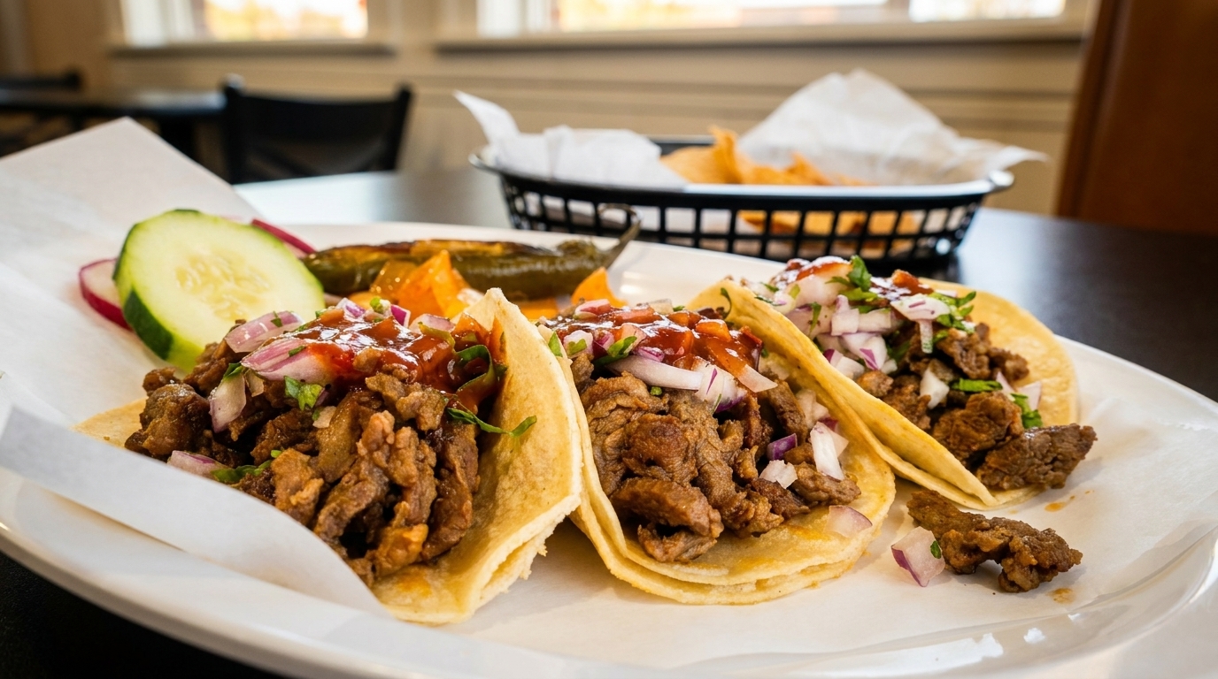 Three beef tacos with red sauce, onions, and cilantro, served with cucumber and radishes.