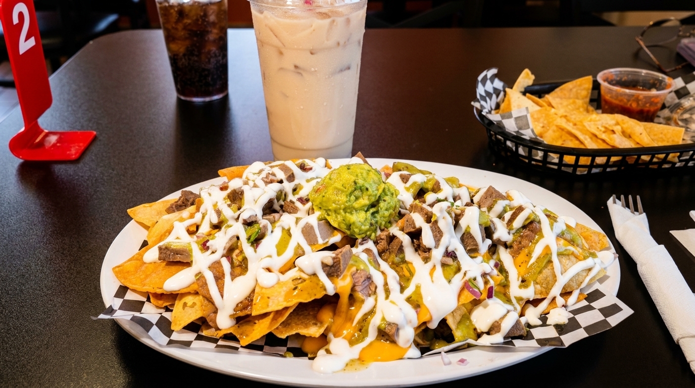 Loaded nachos with steak, guacamole, sour cream, and cheese, alongside drinks and chips with salsa.