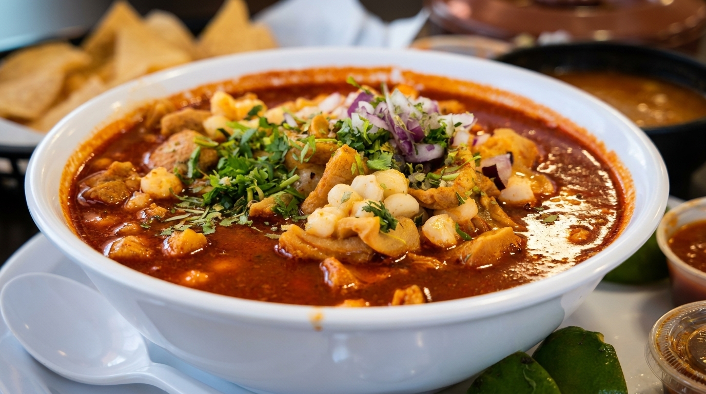 A close-up of a bowl of red pozole soup, garnished with cilantro, onions, and hominy.