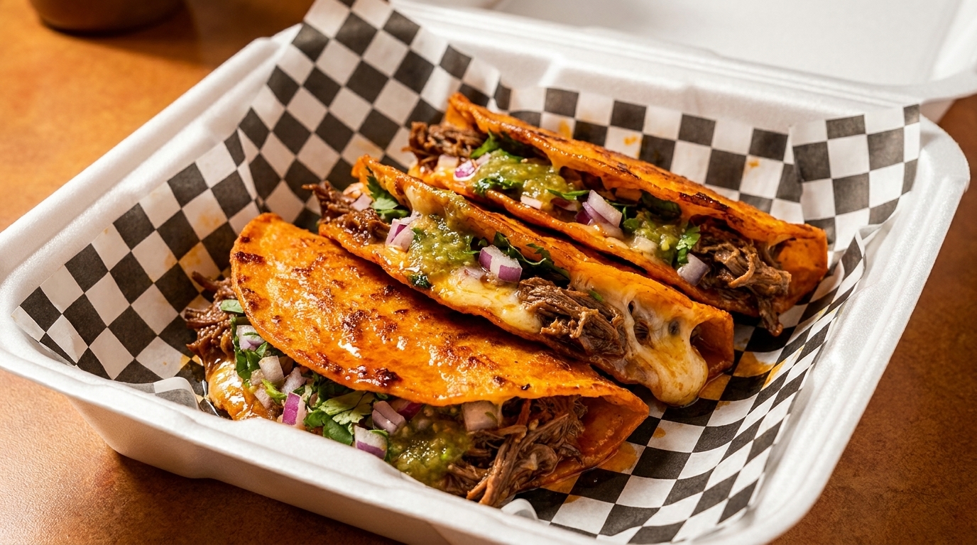 Three birria tacos with melted cheese, green salsa, and red onions in a takeout container.