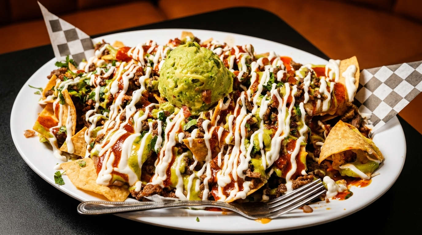 A large plate of loaded nachos with ground beef, guacamole, sour cream, and salsa.