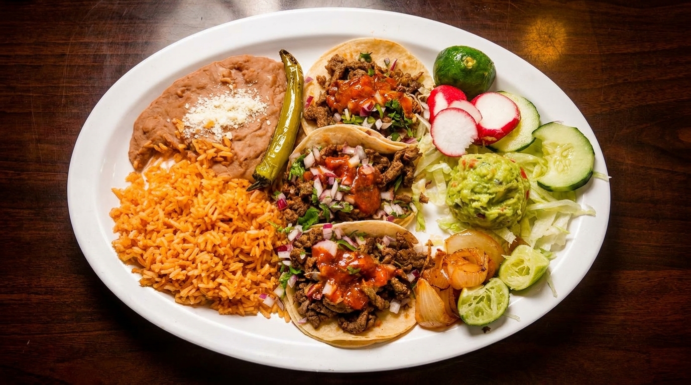 A white plate with three beef tacos, rice, refried beans, guacamole, and vegetables.