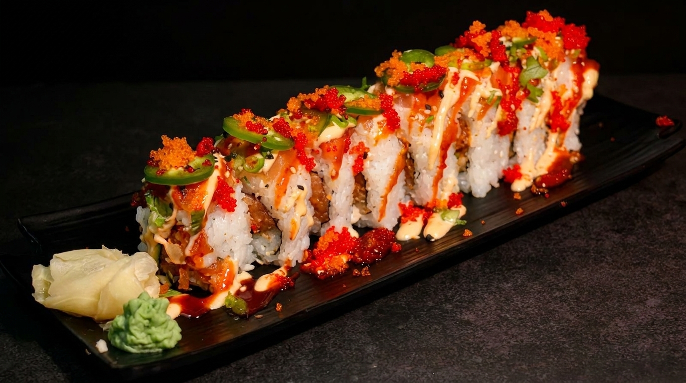 Spicy sushi roll with jalapeños, roe, and sauces, served with ginger and wasabi on a black plate.