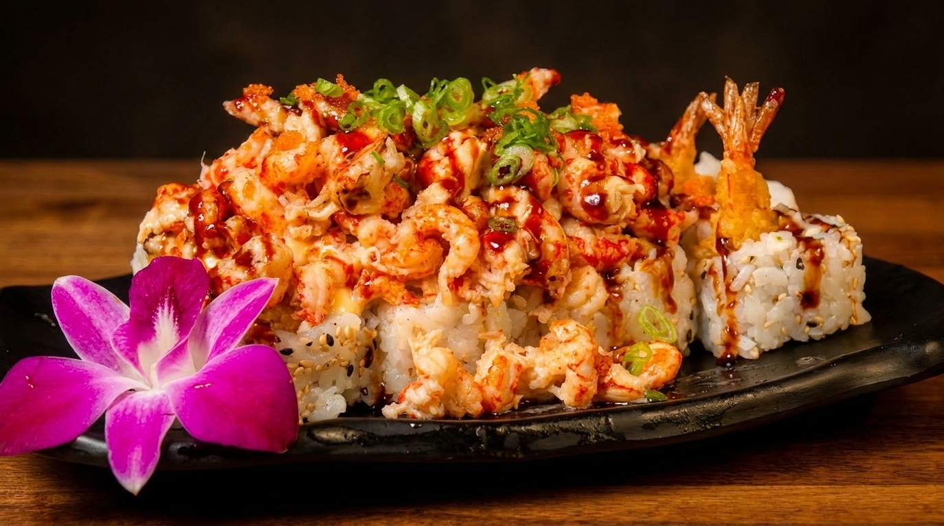 Sushi rolls topped with shrimp, sauce, green onions, and a purple orchid on a black plate.