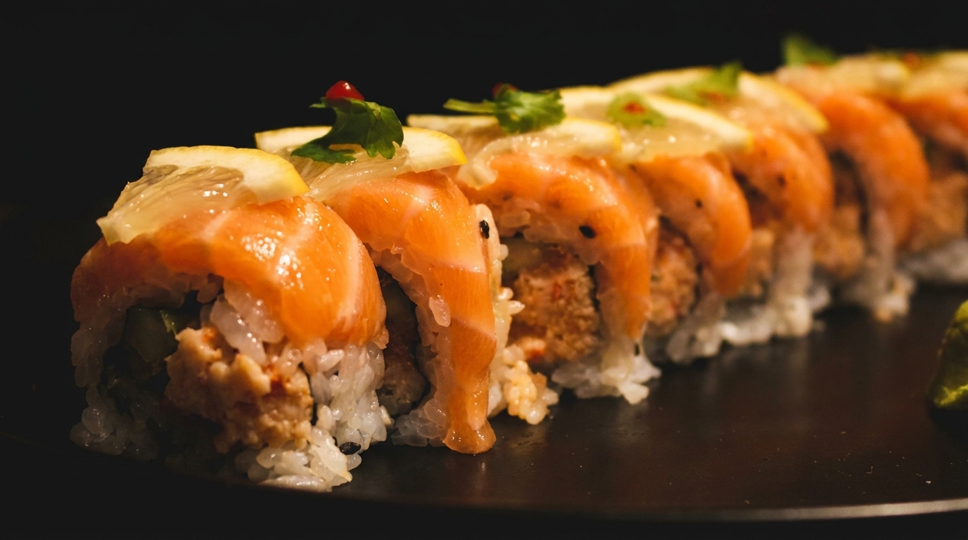 Close-up of a sushi roll with salmon, lemon slices, and herbs on a dark plate.