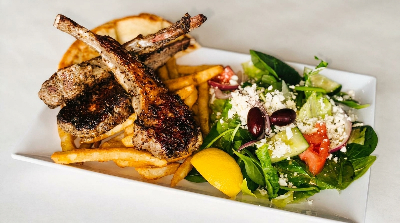 Grilled lamb chops and patties with fries, a lemon wedge, and a Greek salad.