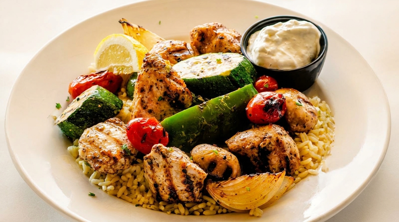 Grilled chicken and vegetables with rice pilaf and a side of tzatziki sauce.