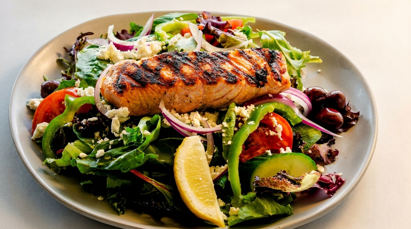 Grilled salmon fillet on a fresh salad with feta, olives, red onion, and a lemon wedge.