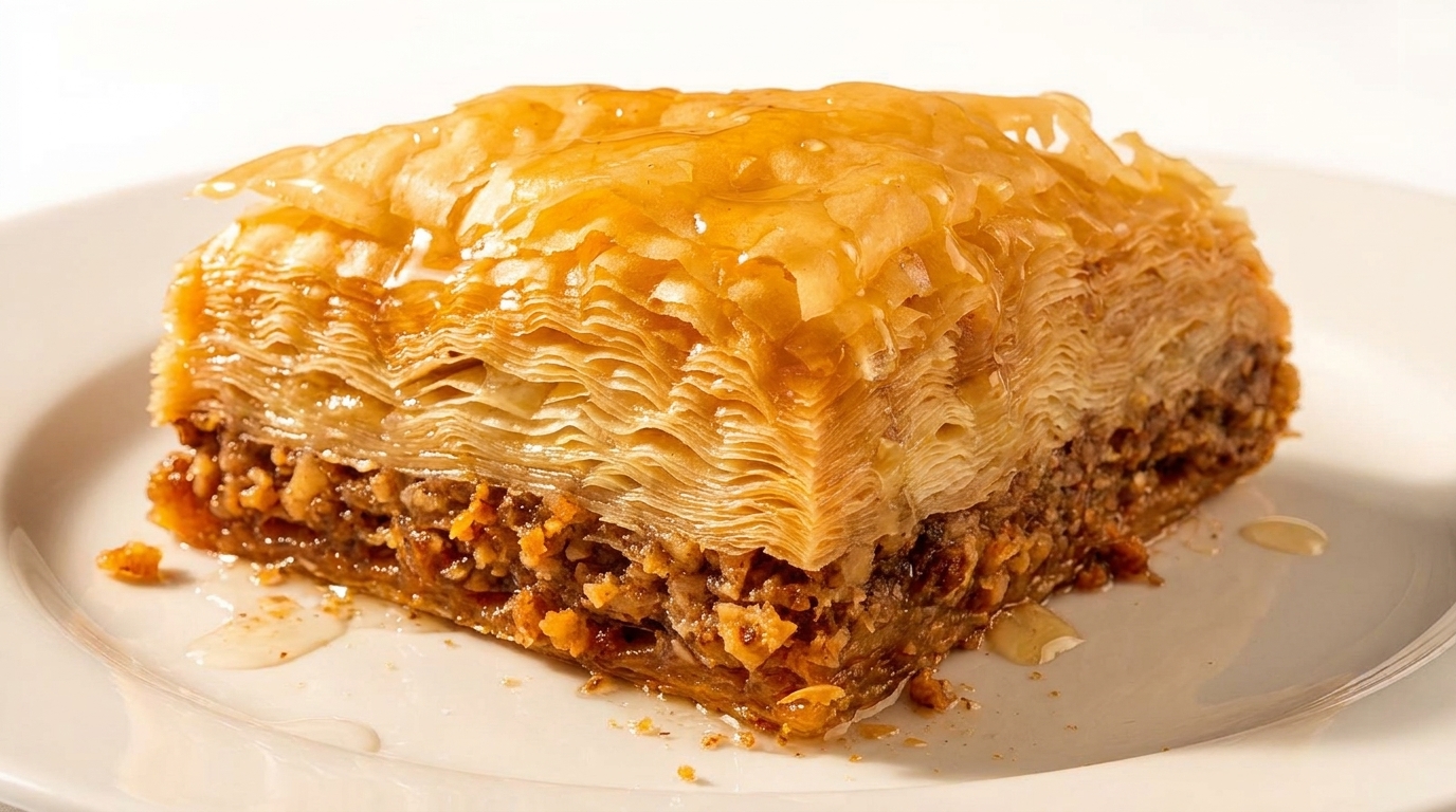 A close-up of a golden-brown baklava pastry with flaky layers and a nut filling, drizzled with syrup.